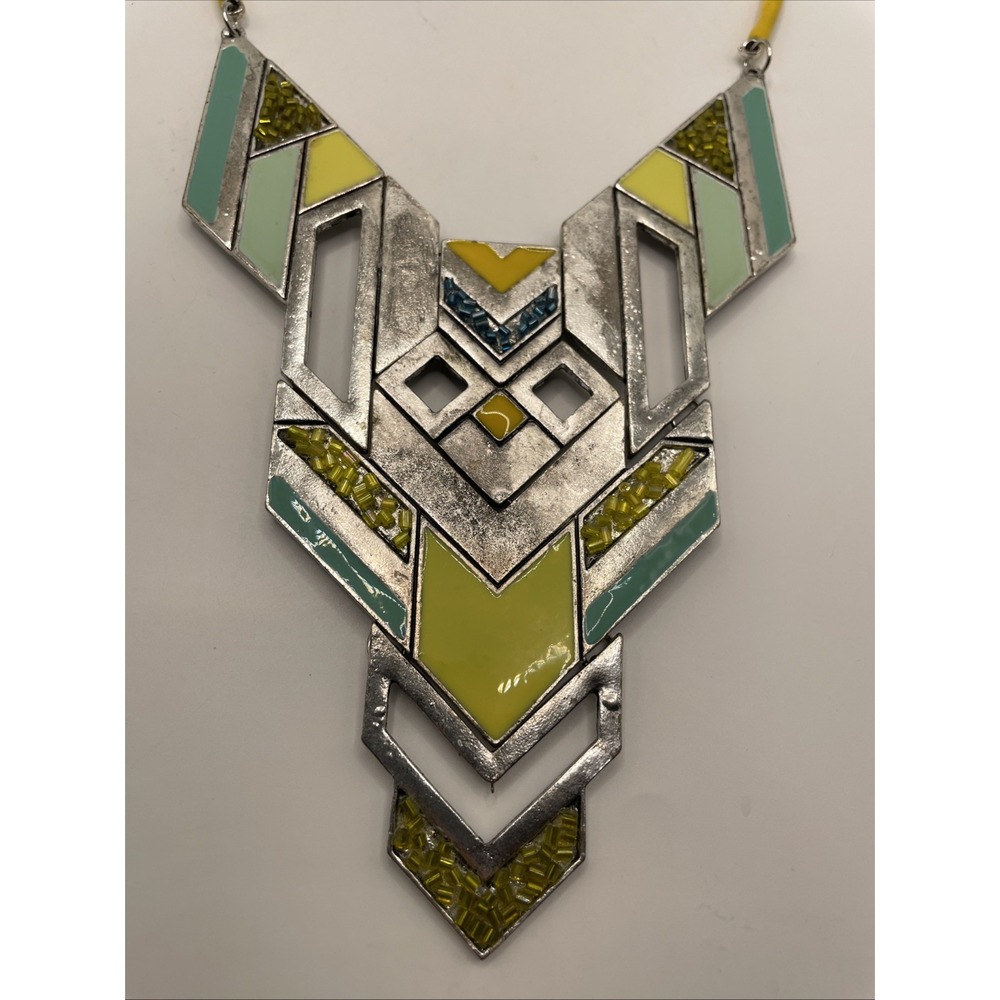 Geometric Silver Tone Aztec Yellow Teal Enamel Statement Necklace Collar - Picture 2 of 4
